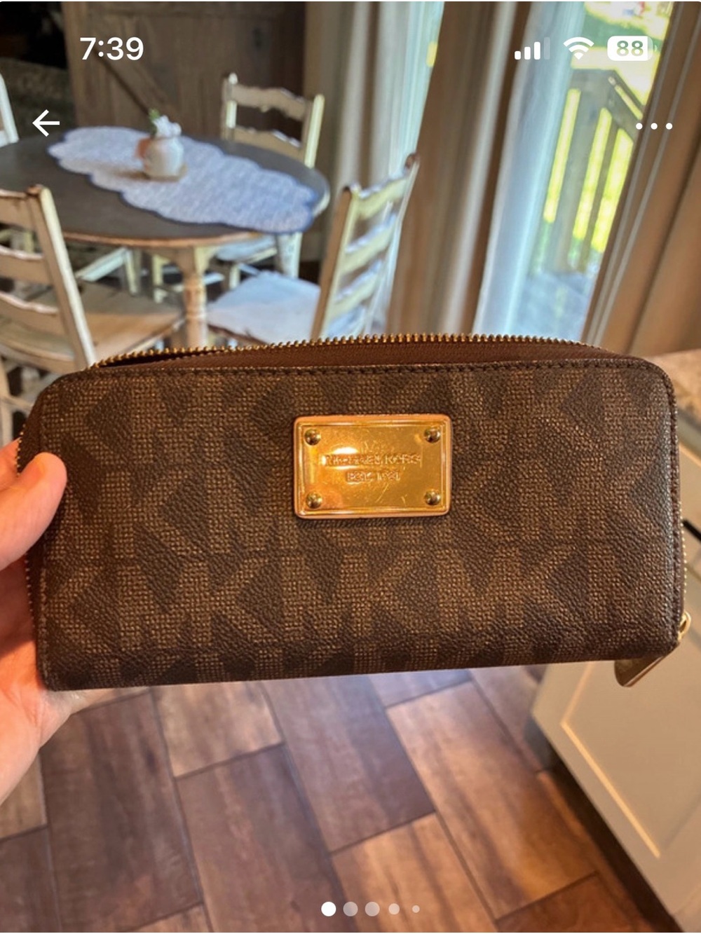 Michael Kors Brown Monogram Zip Wallet with Gold Plaque